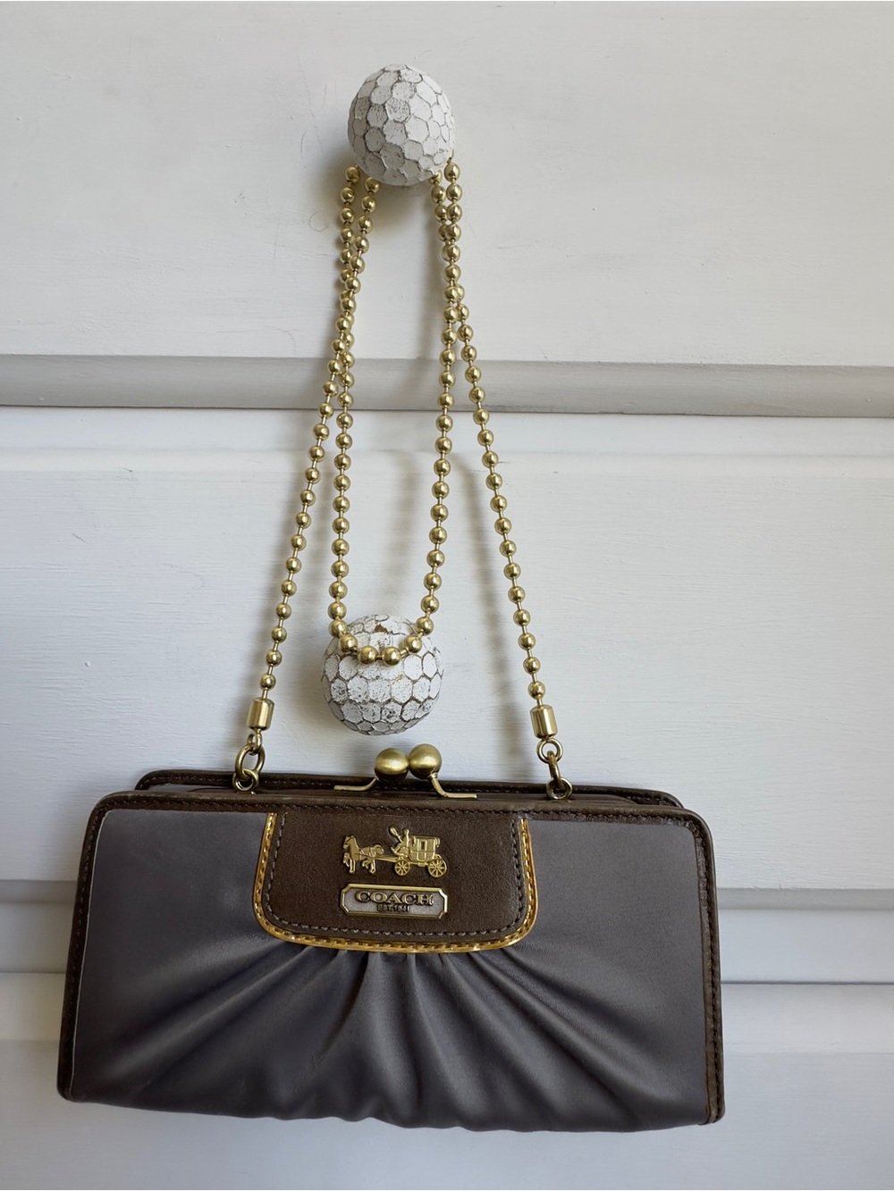 Coach Satin Kisslock Wallet on Chain Crossbody Clutch Gray 42033